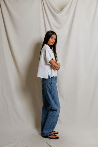 Tabitha Linen 1/4 Button Down Collared Tee - White