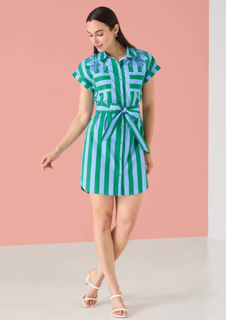 The Whitney Dress - PARASOL STRIPE GREEN BLUE