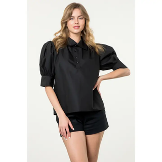 Gretchen - Short Sleeve Collared Top - Black