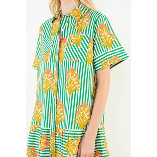Short Sleeve Striped Floral Pattern Dress - Green