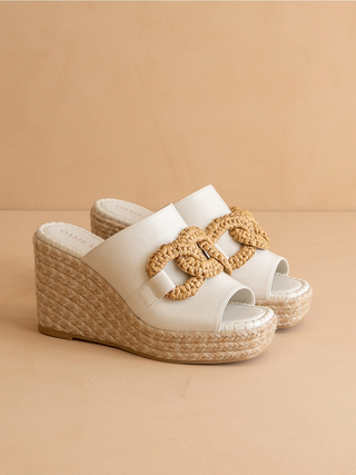 The Aime | White Wedge Slide with Raffia Detail
