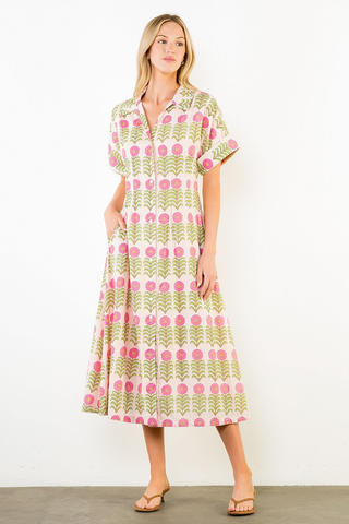 Cynthia Short Sleeve Floral Pattern Button Down Dress - Pink