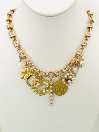 Multi Charm Pearl and Gold Necklace