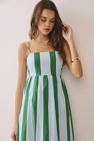Striped Back Smocked Detail Side Pocket Maxi Dress - Blue / Green