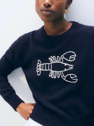 Cashmere Embroidered Lobster Crewneck - Navy & White