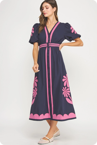Flower Patch Contrast Embroidery Midi Dress - Navy / Pink
