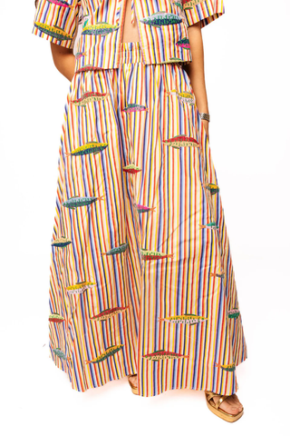 Rainbow Stripe Multi Fish Cotton Midi Skirt
