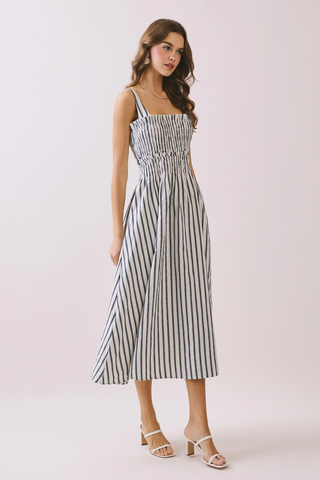 Hunter Smocked Adjustable Straps Striped Dress - Off White