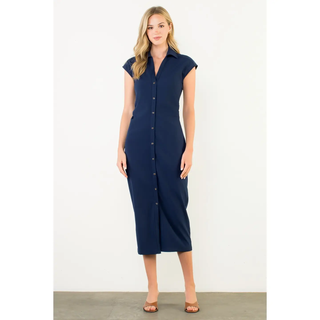 Sharon - Cap Sleeve Ruched Button Midi Dress - Navy
