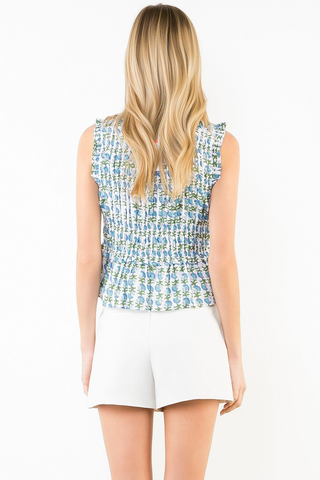 Daisy Sleeveless Smocked Floral Ruffle Top - White
