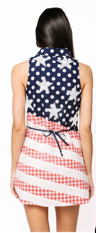 Navy, Red & White Polka Dot and Stripe USA Button Up Tank Dress