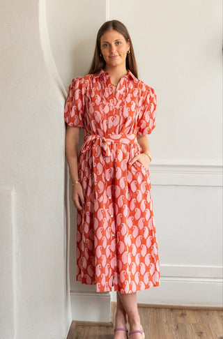 Lizzie Midi Dress Apricot/Ginger Poplin Blockprint