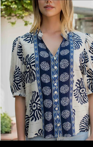 TYBEE , Puff Sleeve Button Front Abstract Print Top