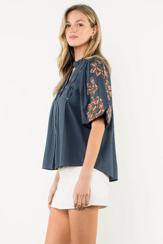 CALLIE ,  Embroidered Detailed Puff Sleeve V-Neck
