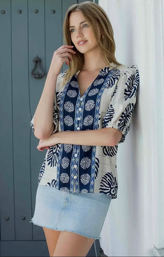 TYBEE , Puff Sleeve Button Front Abstract Print Top