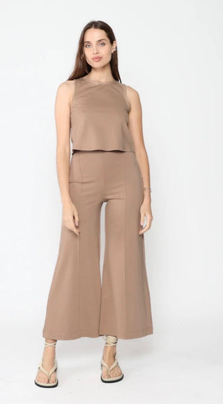 Khaki Ponte Knit Wide Leg Pant: Cropped