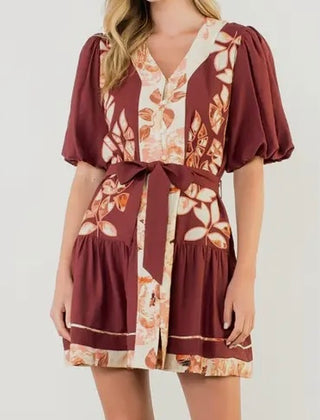 GRAHAM , Puff Sleeve Button Front Tie Waist Dress