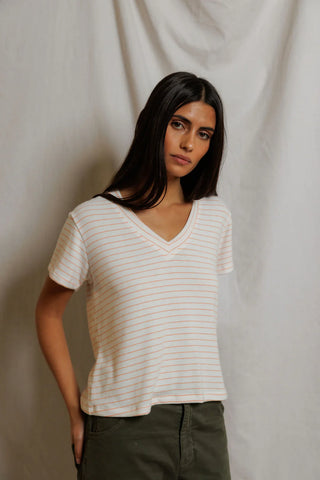 ELLIOT SWEATER STRIPE V NECK TEE - CLEMENTINE STRIPE