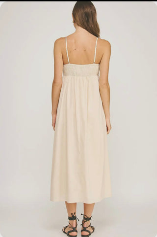 Callie - Top Stitch Bustier Linen Midi Dress - Sand