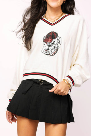 LICENSED UGA V-NECK STRIPED CUFF LS SWEATER W/ SMALL MASCOT