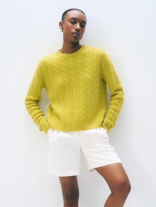 Cashmere Varsity Cable Crewneck - Citronelle