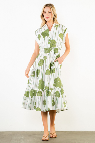 Sarah Short Sleeve Patter Detail Collared Dress - White