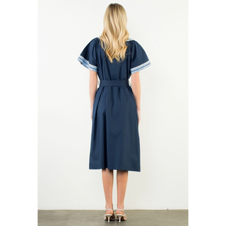 Short Sleeve Trimmed V-Neck Belted Dress - Navy