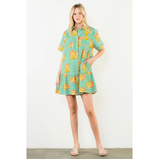 Short Sleeve Striped Floral Pattern Dress - Green