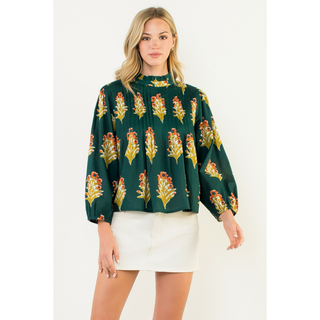 Long Sleeve Floral Detail Top - Green