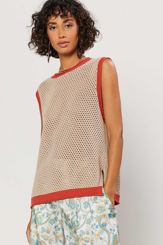 Slvless Open Knit Sweater w/ Contrast Accents - Sand