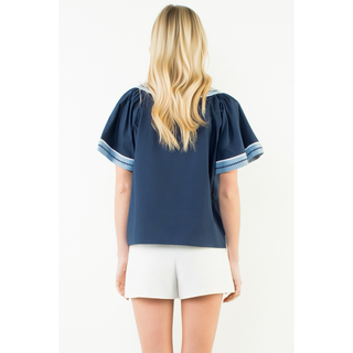 Wide Sleeve Contrast Trim V-Neck Top - Navy