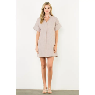 Nellie -  Short Sleeve Stripe Notched Collar Dress