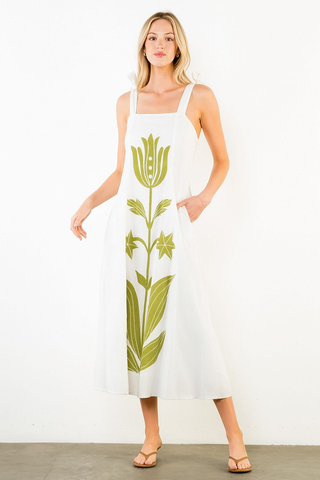 Palm Tie Strap Square Neck Print Midi Dress - Cream