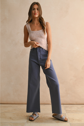 Straight Wide Leg Denim Pants - Dusty Blue