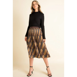 Blair - Black Flower Print Pleated Midi Skirt with Elastic Waist - Black