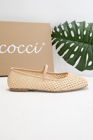 FISHNET MESH MARY JANE STYLE BALLET FLATS | NATURAL RAFFIA