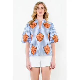 Susie Puff Sleeve Embroidered Striped