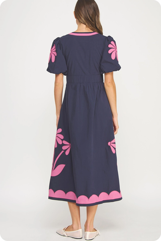Flower Patch Contrast Embroidery Midi Dress - Navy / Pink