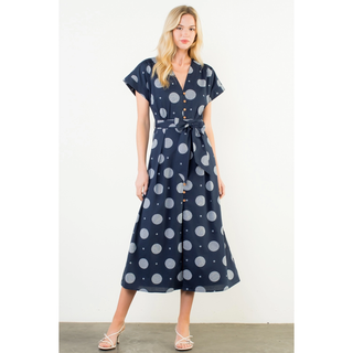 Izzy Short Sleeve Polka Dots Pattern Dress - Navy