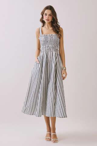Hunter Smocked Adjustable Straps Striped Dress - Off White