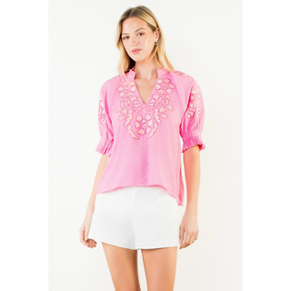 Puff Sleeve Floral Embroidery V-Neck Top - Pink