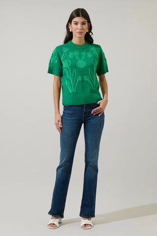Winsley Floral Embroidered Sweater Top - Green