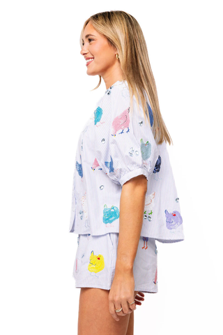 Light Blue Stripe Multi Chicken Button Up Cotton Top