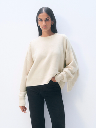 Cashmere Blend Luxe Fringe Crewneck - Ivory