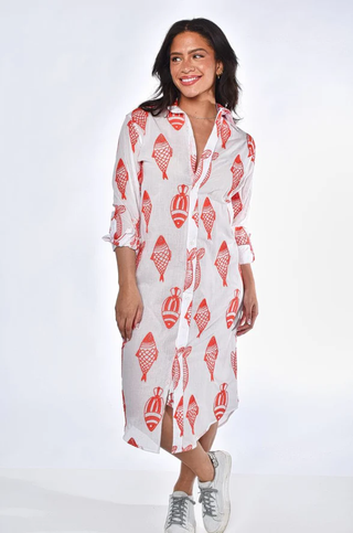 Red and White Fish Cotton Girlfriend Midi Dress