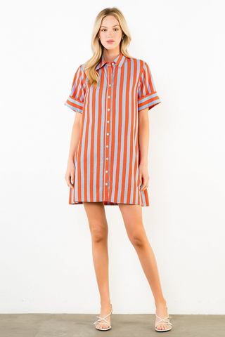 Seaside Short Sleeve Striped Button Down Dress - Orange / Blue