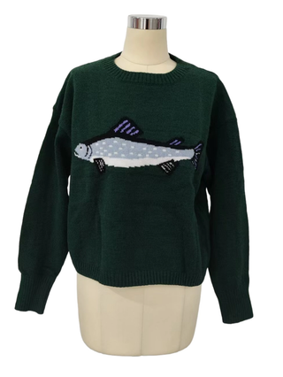Ocean Fisherman Sardine Pattern Crewneck Knit Sweater - Forest