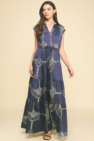 Print Tiered Maxi Dress - Navy