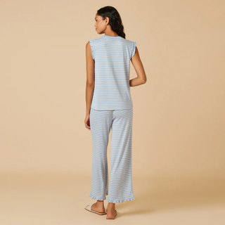 Dream Ruffle V-neck with Cropped Pant - Sky Blue Stripe