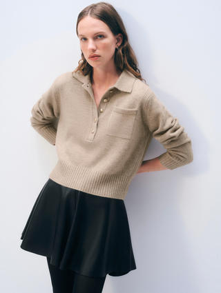 Cashmere Gold Button Polo - Taupe Heather